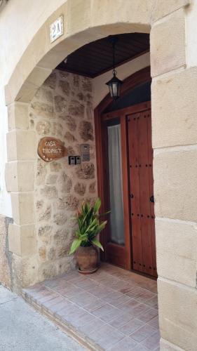 a front door of a stone building with a potted plant at Casa Tropiet in Beceite