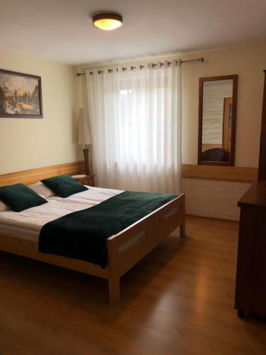 a bedroom with a large bed and a mirror at DW Basia pokoje i apartament in Białka Tatrzanska