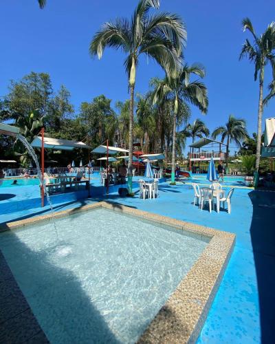 a swimming pool with chairs and palm trees at a resort at Pousada Paraíso das Águas in Itirapina