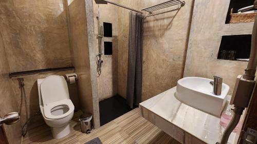 a bathroom with a toilet and a sink at บ้านต้นไม้โฮมสเตย์อุทัยธานี in Uthai Thani