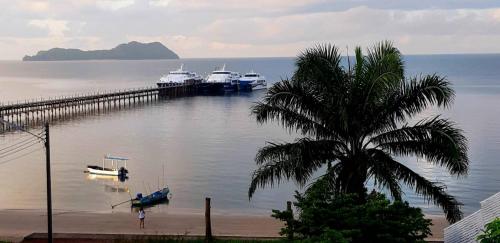 a palm tree next to a dock with boats in the water at Magic House - No Pets Allowed in Chumphon