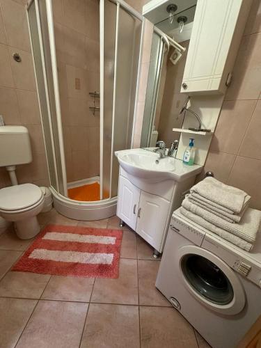 a bathroom with a washing machine and a sink at Apartma Mimi in Bovec