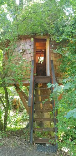 a cat sitting on a staircase in a tree house at Les Robinsonades in Couladère