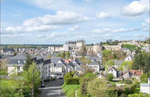 une ville avec un château en arrière-plan dans l'établissement Le Royal George - Appartement 4 pers, à Amboise