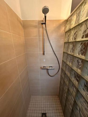 une salle de bain avec une douche avec pommeau de douche dans l'établissement Maison à 10 min à pied de la Plage, à Jard-sur-Mer