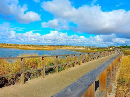 a wooden bridge over a body of water at T1 na 1 linha da Praia da Rocha in Portimão