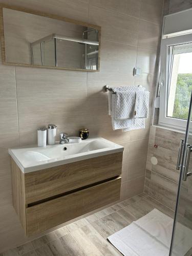 a bathroom with a sink and a shower at Galešnjak in Sveti Petar