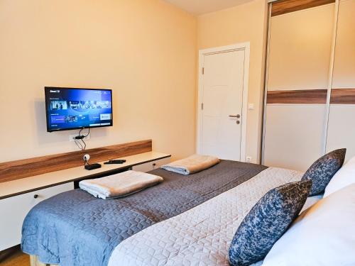a bedroom with a bed and a tv on the wall at Apartman Kadic Bjelasnica - Free Private Garage Parking in Bjelašnica