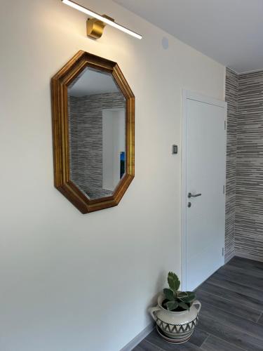 a mirror on a wall with a potted plant at Kosmaj Ruža vetrova in Sopot