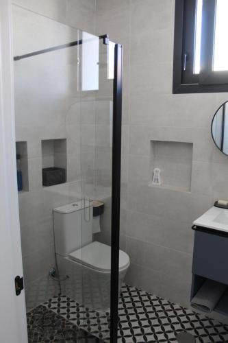 a bathroom with a toilet and a glass shower door at Honey Studio in Colmenar