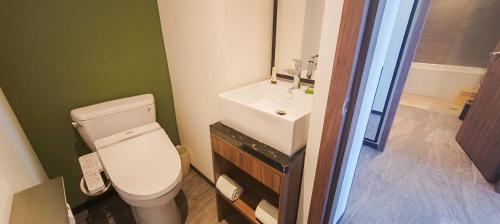 a bathroom with a white toilet and a sink at FUJITAYA Querétaro in Querétaro