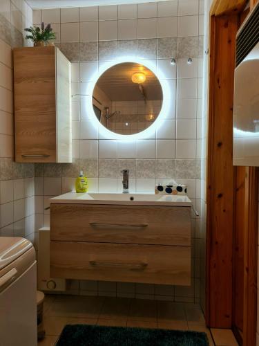 a bathroom with a sink and a mirror at Ferienhaus Am Becherberg in Schwarzenberg