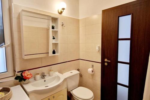 a bathroom with a sink and a toilet and a mirror at FLH - Garden Grill Escape in Sibiu