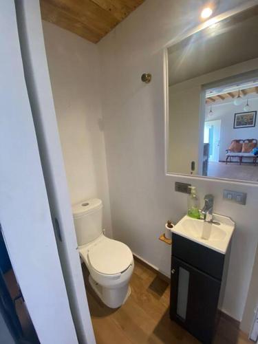 a bathroom with a toilet and a sink and a mirror at Cabaña BC Amecameca in Amecameca de Juárez