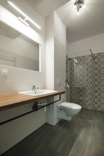 a bathroom with a sink and a toilet and a shower at Domki nad Brzegiem in Dłużek