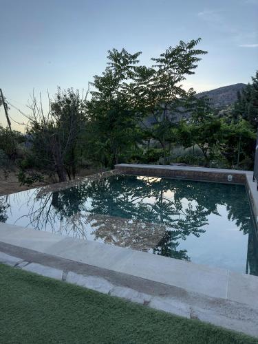 a pool of water in a yard with trees at Finca Las Fuentezuelas in Carataunas