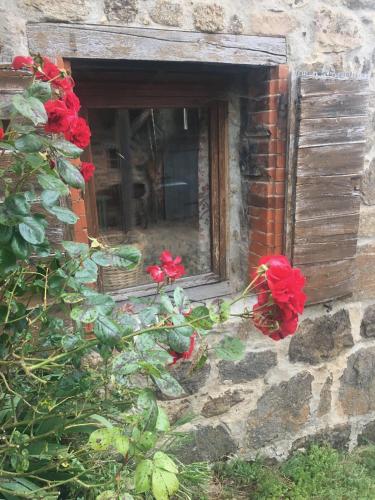 a window with red roses on a stone wall at Gites de Gobertier in Saint-Alban-dʼAy
