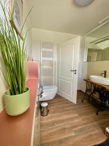a bathroom with a toilet and a sink at Ferienhaus Straußenblick - keine Monteure in Bad Fallingbostel