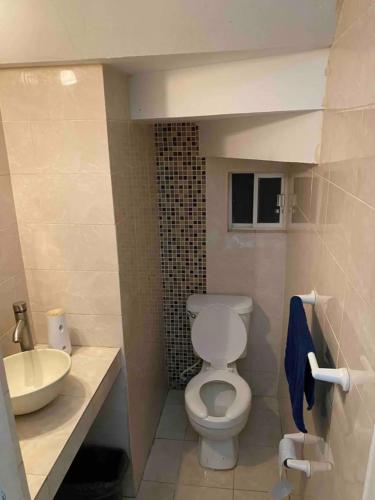 a bathroom with a white toilet and a sink at Alojamiento La buena estancia! in Santa Cruz de las Flores