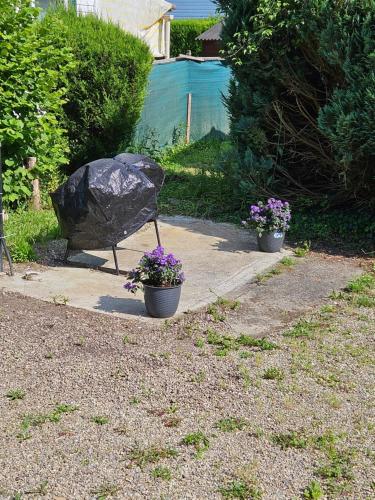 a statue of a bird and two pots of flowers at Mobil-home climatisé (proximité EUROPA PARC) in Boofzheim