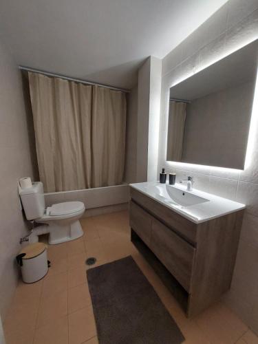 a bathroom with a sink and a toilet and a mirror at Sofianna's oasis in Kalloni Tinou