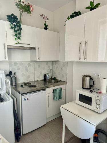 une petite cuisine avec des armoires blanches et un micro-ondes dans l'établissement Studio au coeur du centre historique, à Dijon