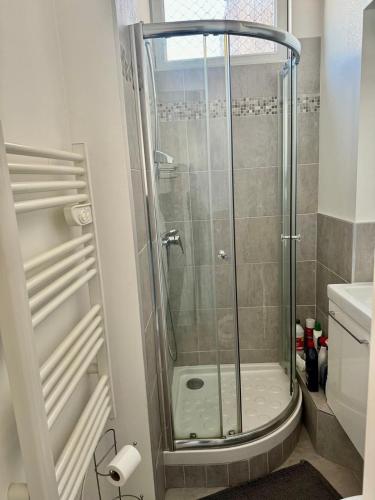 une douche avec une porte vitrée dans une salle de bain dans l'établissement Studio au coeur du centre historique, à Dijon