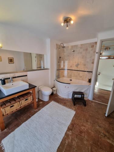 une salle de bain avec une baignoire, des toilettes et un lavabo dans l'établissement Maison de charme, à Caunes-Minervois