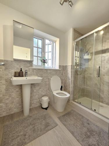 a bathroom with a toilet and a sink and a shower at Bicester Kingsmere Accommodation with Ensuite in Bicester