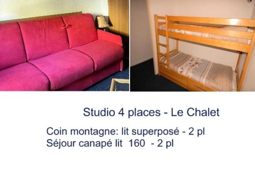 un canapé rouge dans une pièce à côté d'un lit superposé dans l'établissement LE CHALET - Piscine 11 - Studio pour 4 Personnes MAE-8734, à Gourette