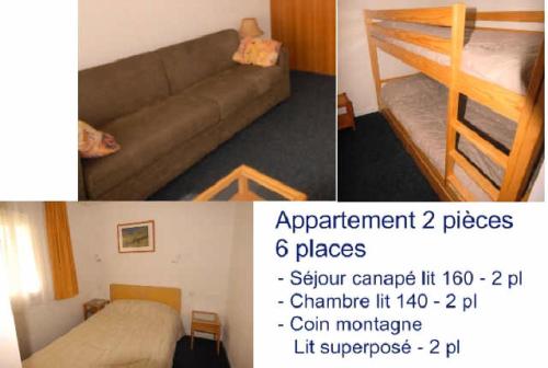 - deux photos d'une chambre avec un lit et un canapé dans l'établissement LE CHALET - Piscine 17 - 2 Pièces pour 6 Personnes MAE-8864, à Gourette