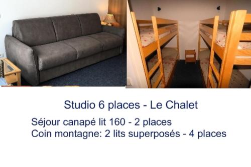 - deux photos d'un salon avec un canapé et un lit dans l'établissement LE CHALET - Piscine 16 - Studio pour 6 Personnes MAE-8824, à Gourette