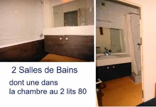 - deux photos d'une salle de bains avec lavabo et miroir dans l'établissement LE CHALET - Piscine 10 - 3 Pièces pour 8 Personnes MAE-8884, à Gourette