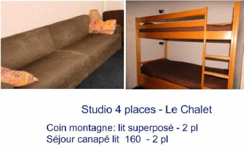 - deux photos d'un canapé et d'un lit superposé dans l'établissement LE CHALET - Piscine 8 - Studio pour 4 Personnes MAE-8894, à Gourette