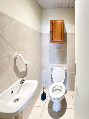a bathroom with a toilet and a sink at Casa François - Terrasse vue mer & clim in Le Carbet