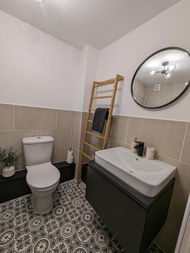 a bathroom with a toilet and a sink and a mirror at Two Bedroom Duplex Apartment in Swansea