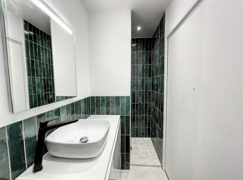 une salle de bain avec un lavabo blanc et un miroir dans l'établissement Chez Julie, à Fontainebleau