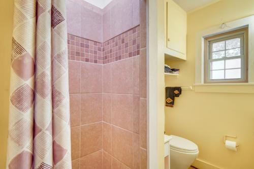 a bathroom with a shower with a toilet at Swim Dock and Views Lakefront Afton Vacation Rental in Afton