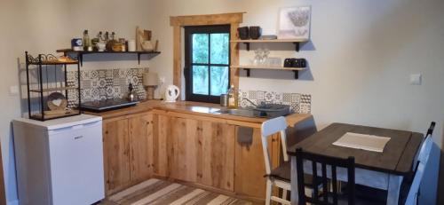 a kitchen with a counter and a sink and a table at Malwowo in Wilków
