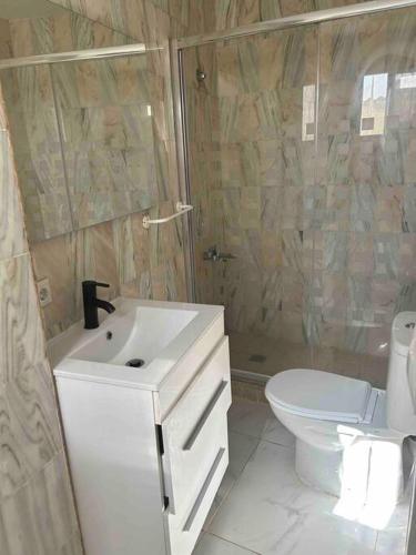 a bathroom with a toilet and a sink and a shower at Chalet a 2 metros de la playa in Rota