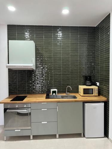 a kitchen with a sink and a microwave at La Casa de Rosita in Fuente del Maestre