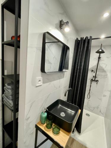 une salle de bain avec un lavabo et une douche dans l'établissement Villa Les Oliviers Spa privatif, à Bandol