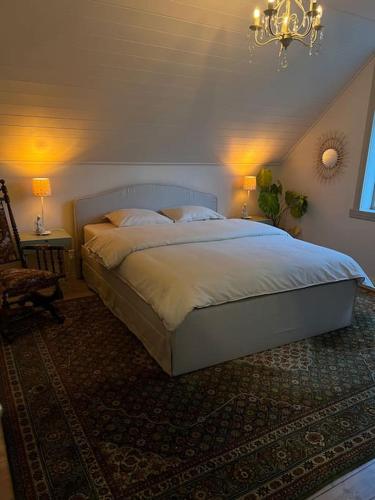 a bedroom with a large bed with a chandelier at Villa Nostalgia in Bergen