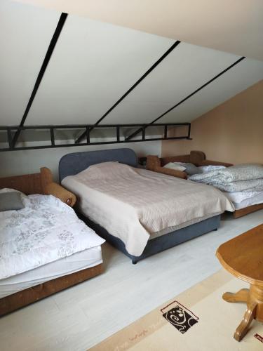 a bedroom with two beds and a table in it at Splav na dan AXA in Barič