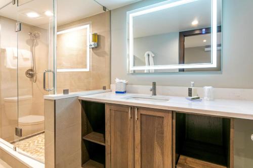 a bathroom with a sink and a shower at Lift House Lodge, Boutique Premium Studio Condo in Vail