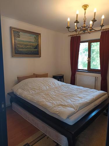 a bed in a bedroom with a chandelier at Britania in Bran