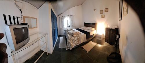 a small bedroom with a bed and a tv at Pedacinho na Roça in Águas de São Pedro