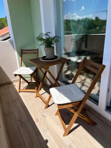 a table and two chairs on a balcony with a plant at Apartman Hana 1 in Žgaljić