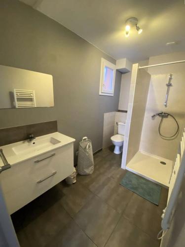 une salle de bain avec une douche, un lavabo et des toilettes dans l'établissement Résidence Tozza Alta - Magnifique T2 rez de villa vue Montagnes et maquis proche de la mer MAE-2614, à Sari-Solenzara