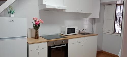 a kitchen with white cabinets and a counter top with a microwave at Apartamentos Mirador de San Telmo in Tui